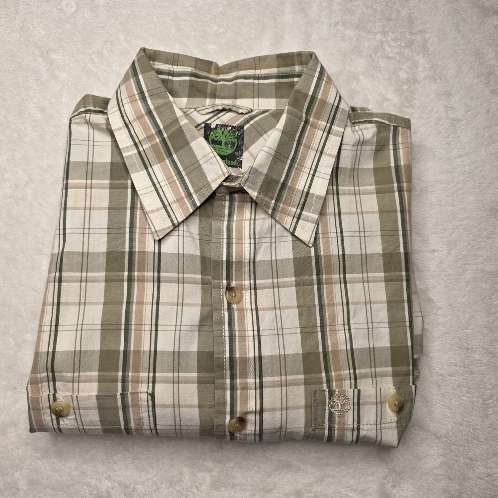 Timberland Short Sleeve Button Up Tan/Green Plaid Casual Shirt Men's Size‎ M